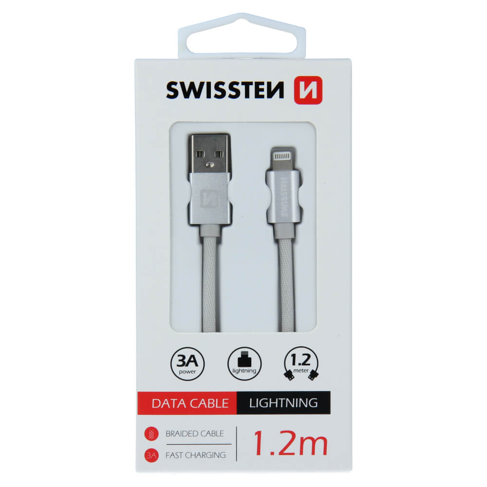 Textilný dátový kábel Swissten USB / LIGHTNING 1,2 M - strieborný